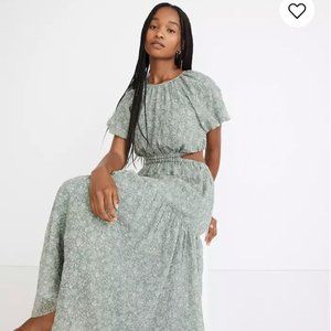 Seersucker Puff-Sleeve Cutout Midi Dress